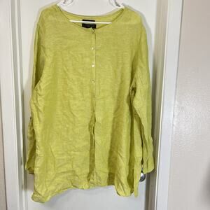 Tahari 2X Yellow 100% Linen Blouse Top Shirt Tunic Button down Roll Tab Sleeves